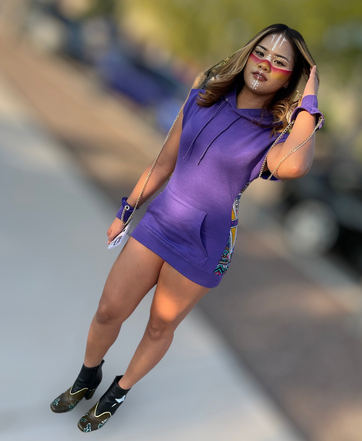 Chain Sleeved African Print Hoodie Dress