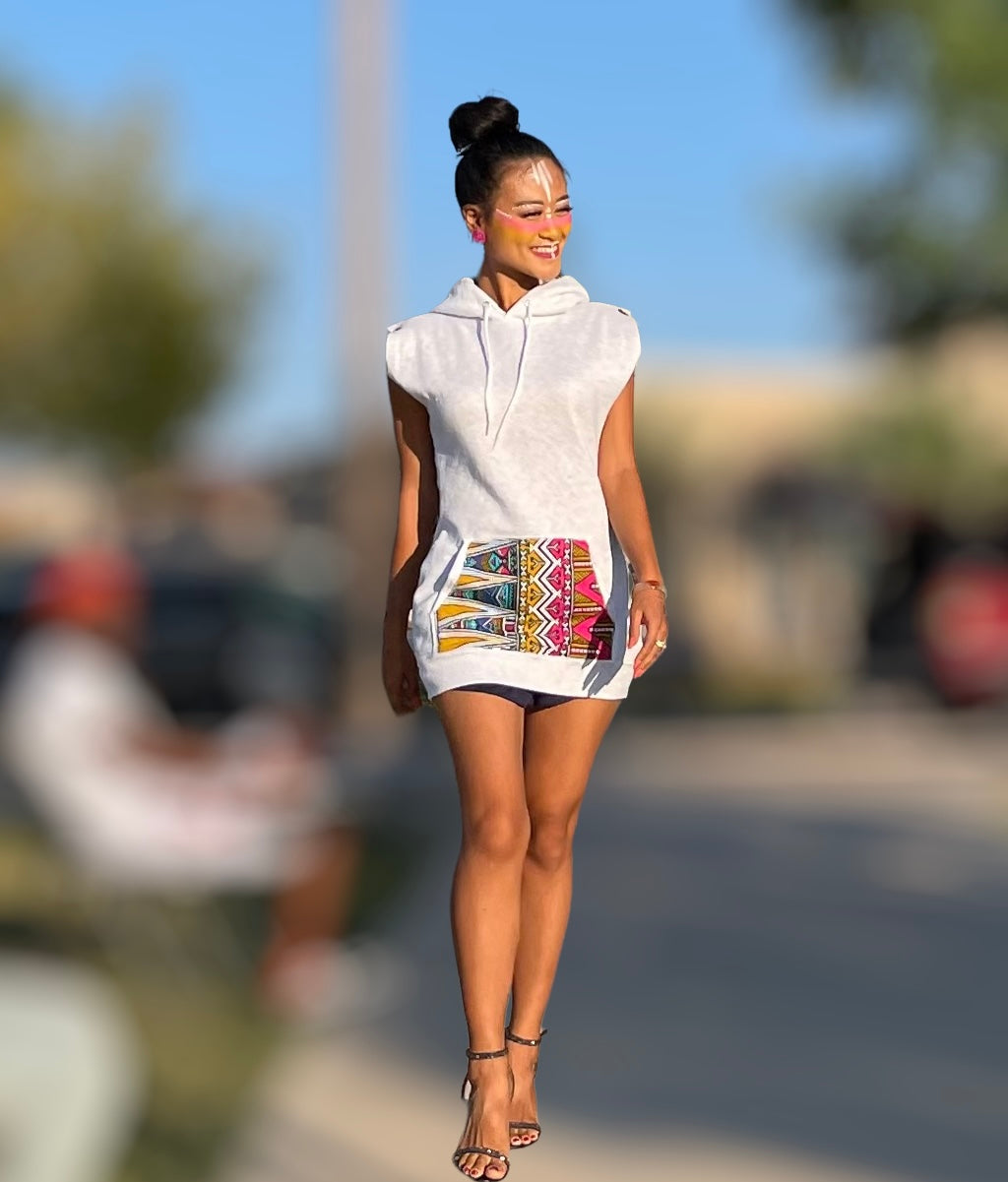 Chain Sleeveless African Print Hoodie Dress